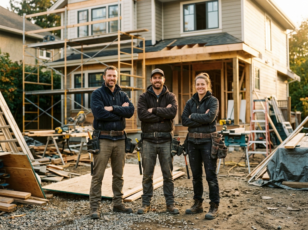 The Apex Home Services crew in front of a house under renovation