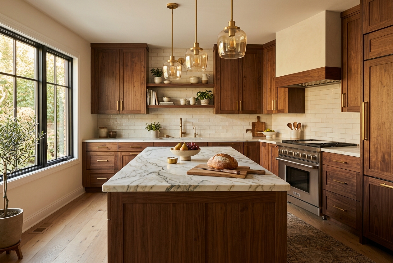 Finished modern kitchen renovation with stone island and pendant lights