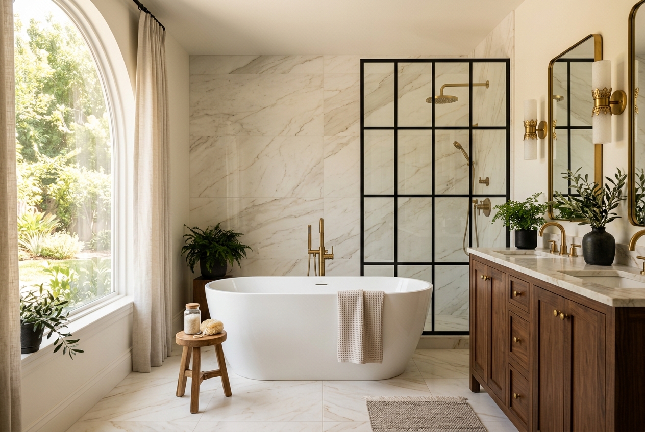 Luxury remodeled bathroom with freestanding tub and glass shower