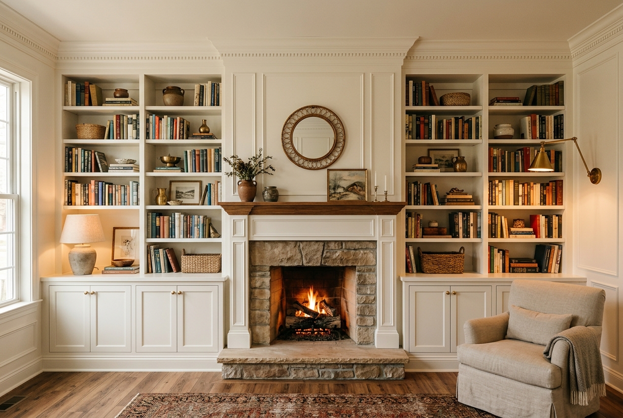 Custom built-in bookshelves and cabinetry around a fireplace