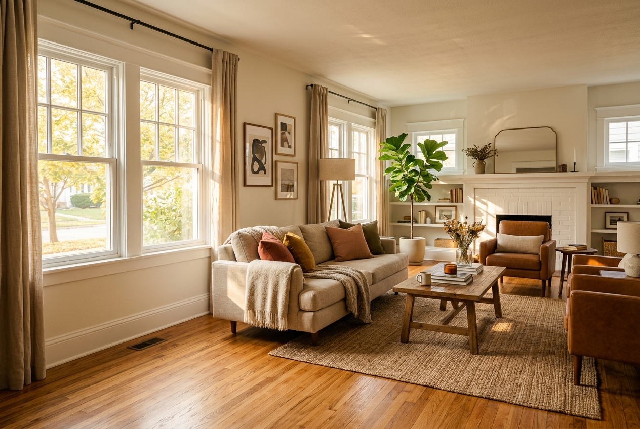 Renovated living room with refinished hardwood floors