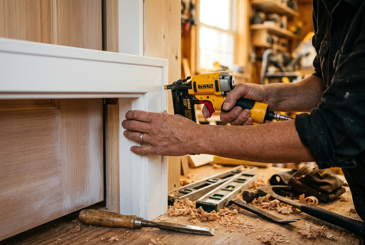 Carpenter installing door trim with a nail gun