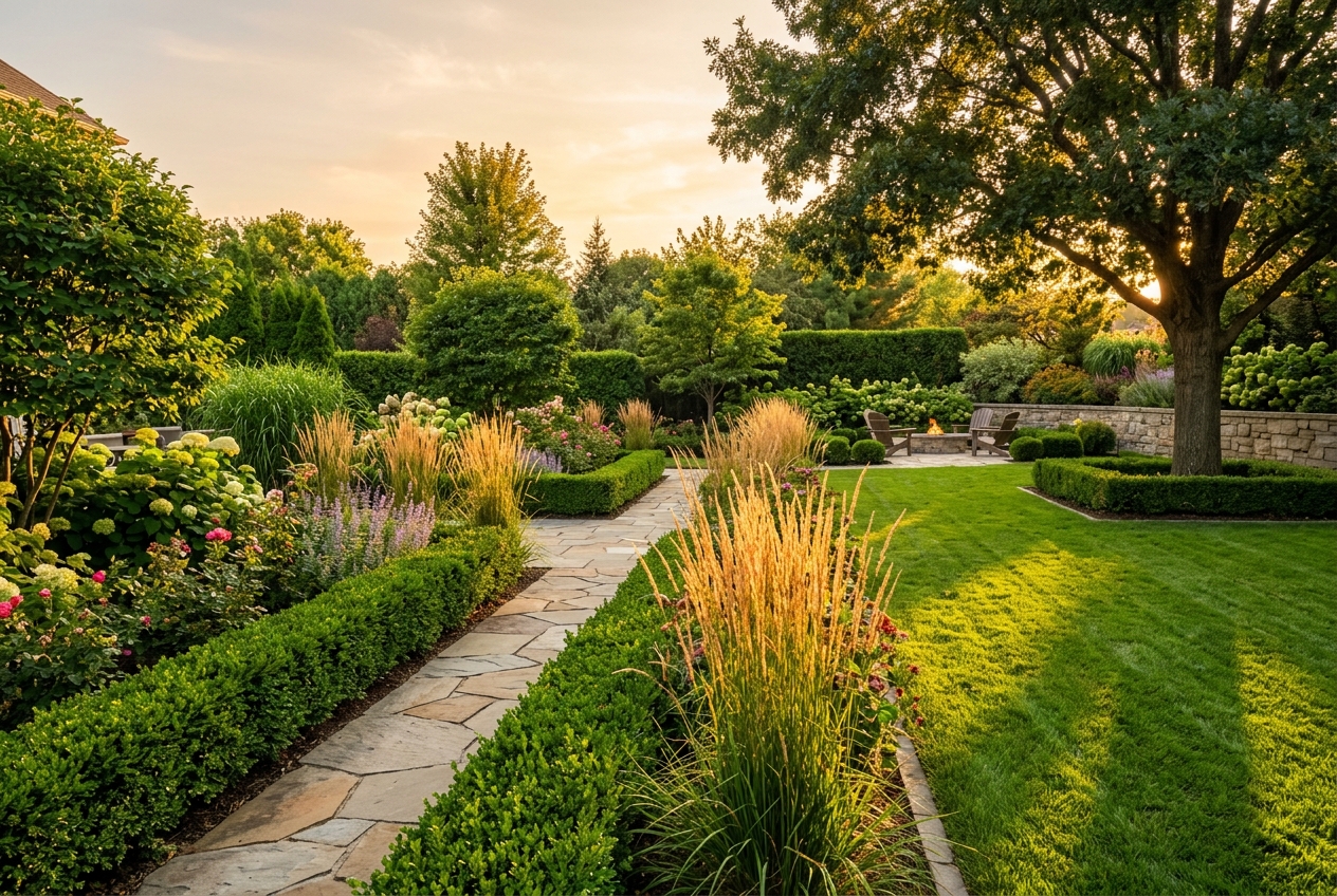 Pristine landscaped backyard with trimmed hedges and stone walkway