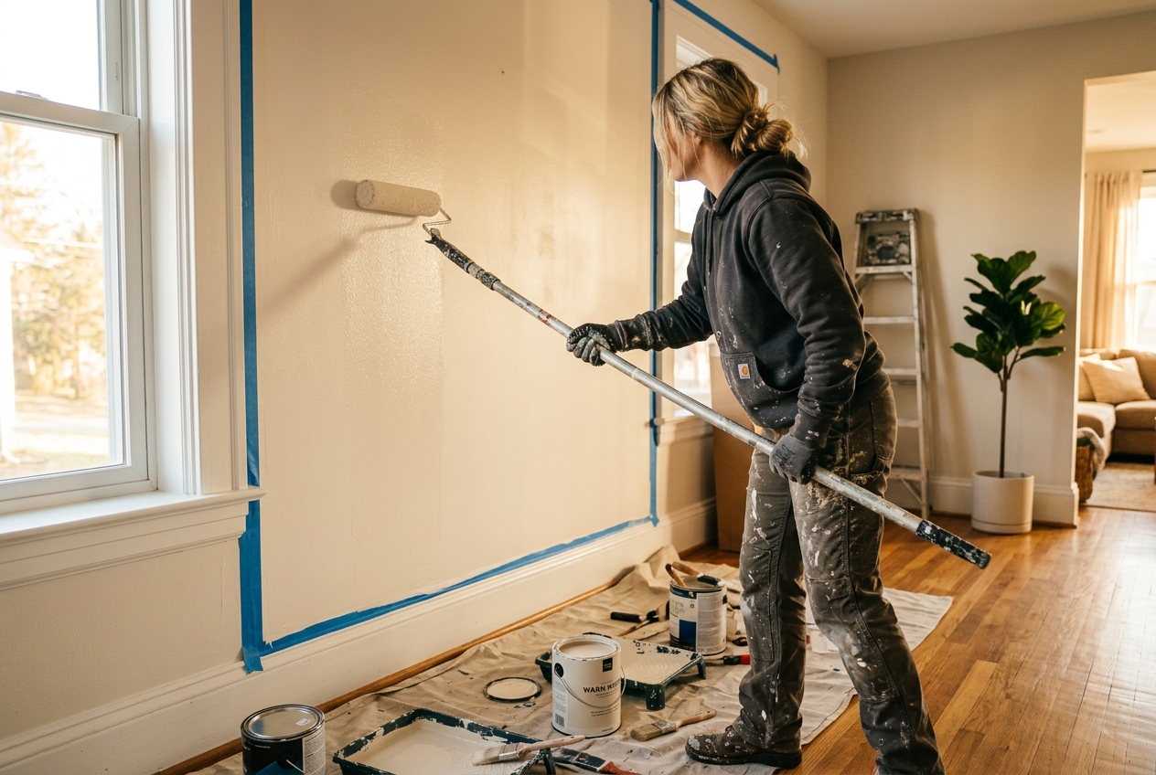 Painter rolling fresh paint onto an interior wall